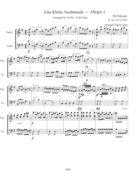Mozart Eine Kleine Nachtmusik arranged for Violin - Cello Duet SCORE only (arr. Cherie Gans)