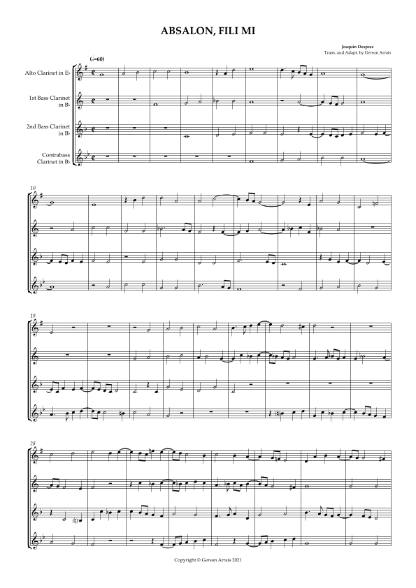 ABSALON, FILI MI - Josquin Desprez - for Low Clarinet Quartet - Score and Parts (arr. Gerson Arrais)