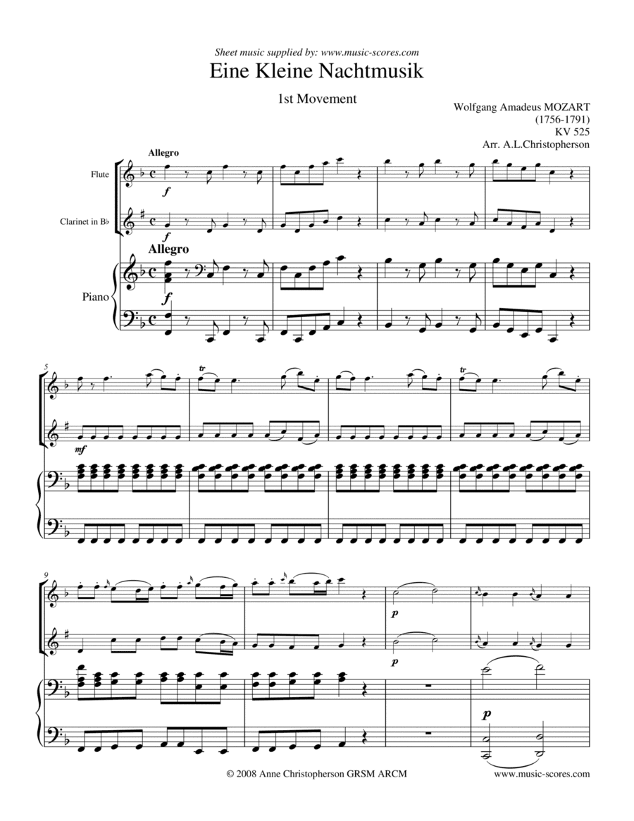 Eine Kleine Nachtmusik - Allegro 1st movement - Flute, Clarinet and Piano (arr. Anne L Christopherson GRSM ARCM)
