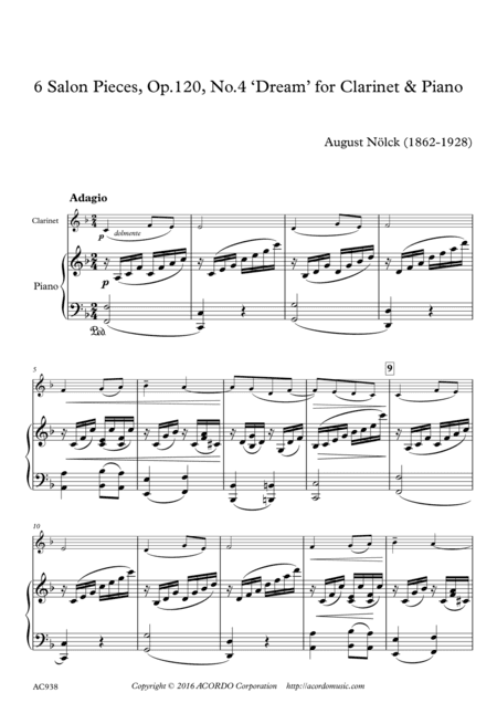 6 Salon Pieces, Op.120, No.4 ‘Dream’ for Clarinet & Piano (arr. Miki Kamada)