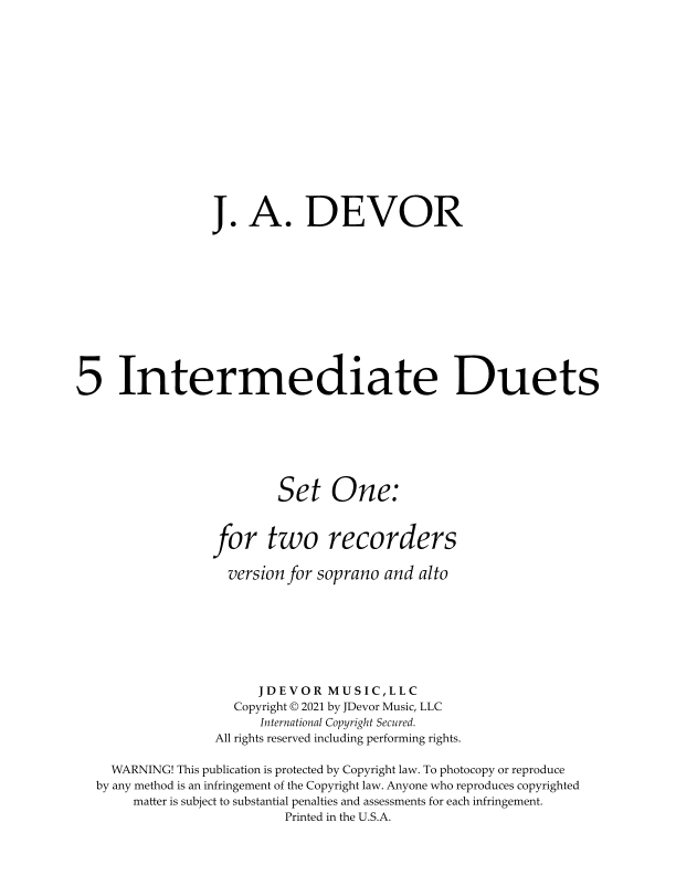5 Intermediate Duets for two recorders: Set One (arr. J. A. Devor)