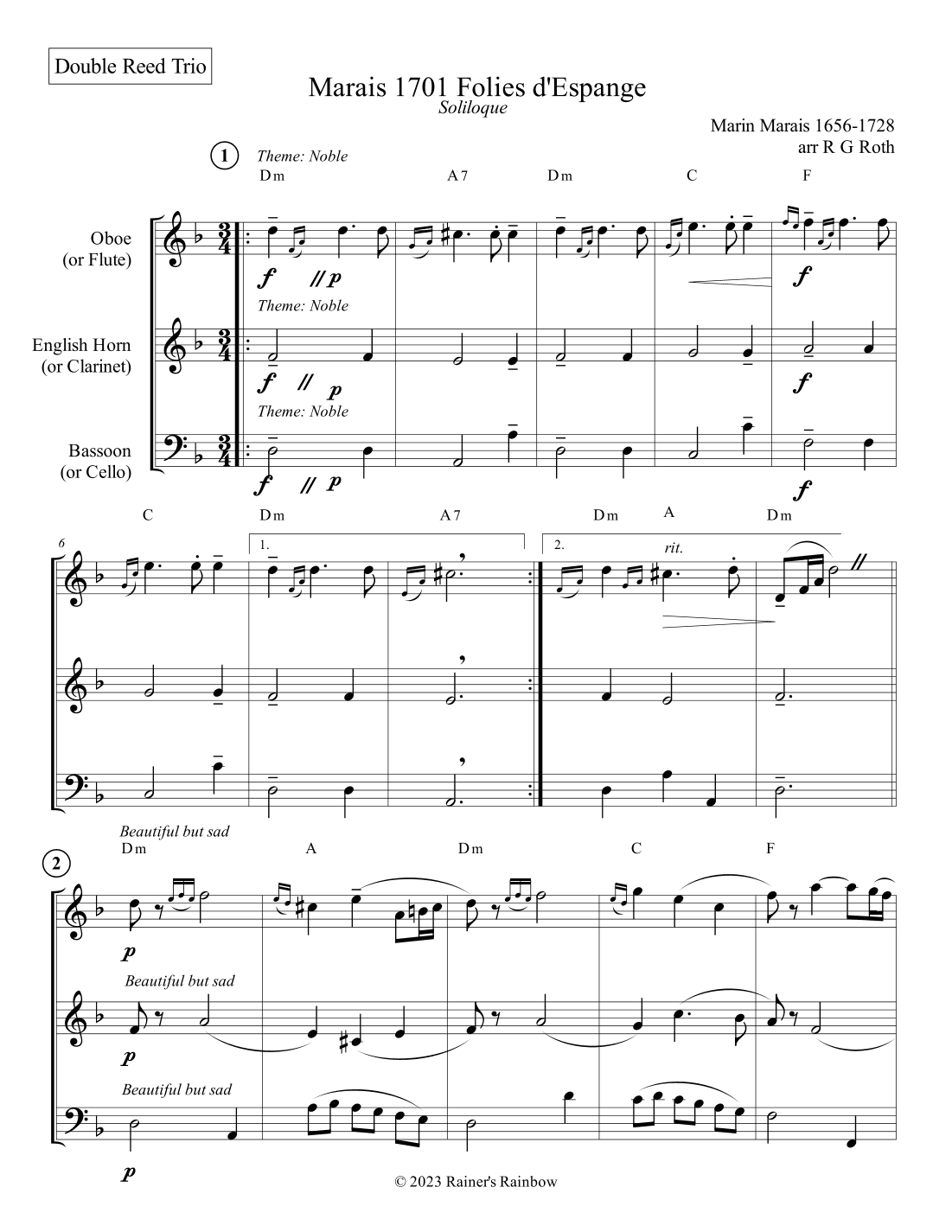 Marais 1701 Folies d'Espagne Double Reed Trio Score and Parts (arr. R G Roth)