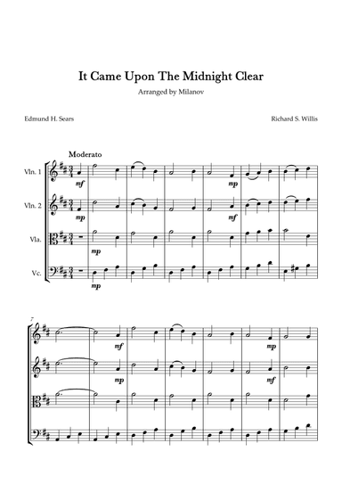 It Came Upon The Midnight Clear String Quartet in D Easy Intermediate (arr. Milanov)