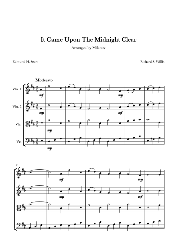 It Came Upon The Midnight Clear String Quartet in D Easy Intermediate (arr. Milanov)