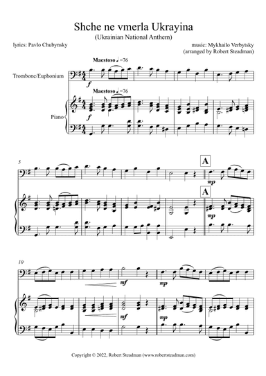 Shche ne vmerla Ukrayina (Ukrainian National Anthem) -  (Bass & Treble Clef parts included) (arr. Robert Steadman)