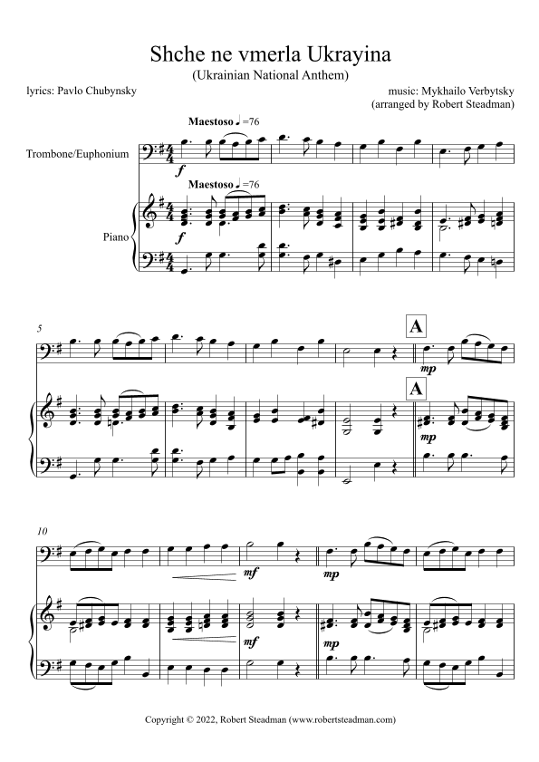 Shche ne vmerla Ukrayina (Ukrainian National Anthem) -  (Bass & Treble Clef parts included) (arr. Robert Steadman)