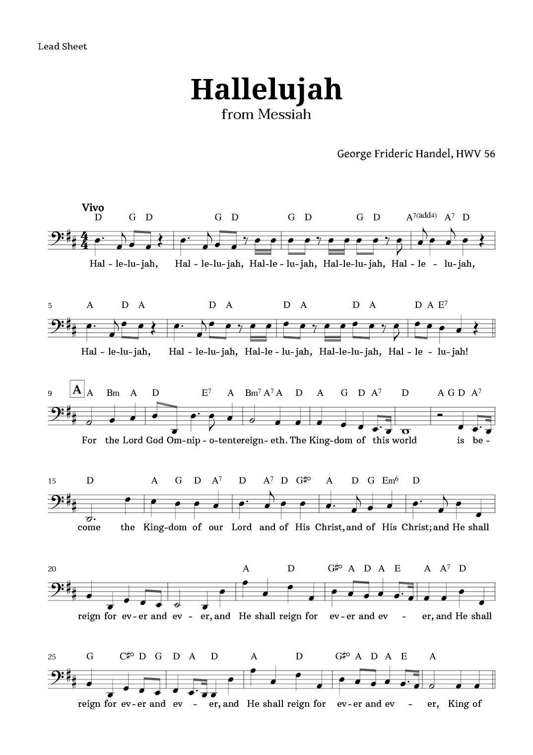 Hallelujah by Handel Lead Sheet (Low Voice) (arr. Langanho)