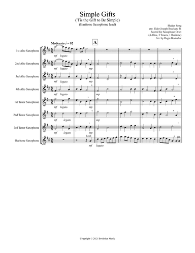 Simple Gifts ('Tis the Gift to Be Simple) (F) (Saxophone Octet - 4 Altos, 3 Tenors, 1 Baritone) (Bar (arr. Regis Bookshar)