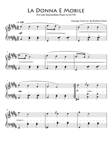 La Donna é Mobile for Late Intermediate Piano Level 5/6 (arr. Kimberly Steele)