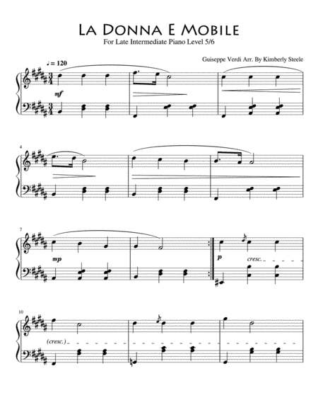 La Donna é Mobile for Late Intermediate Piano Level 5/6 (arr. Kimberly Steele)