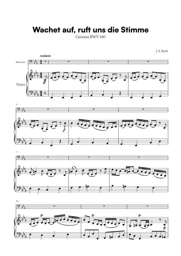 Wachet auf, ruft uns die Stimme (for Bassoon and Piano) (arr. Cadenza Editions)