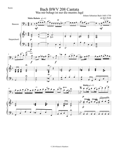 Bach BWV 208 Aria May Sheep Safely Graze Bassoon Solo (arr. R G Roth)