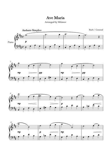 Ave Maria Bach Gounod in D Easy Intermediate Piano (arr. Milanov)