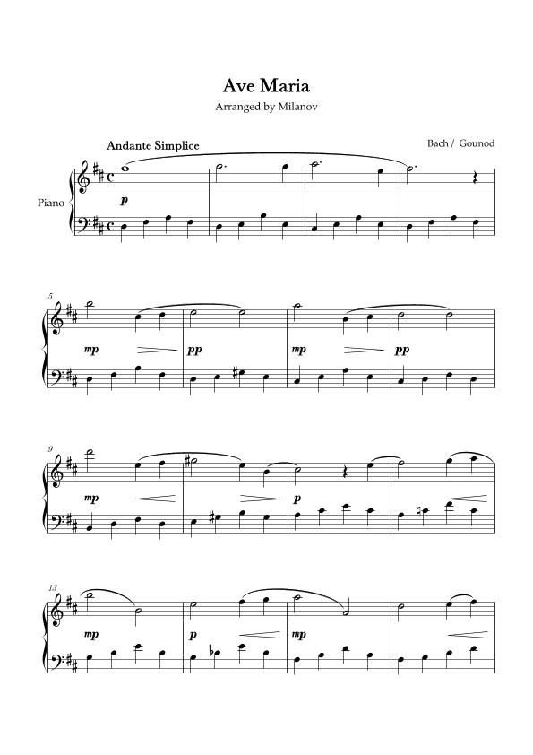 Ave Maria Bach Gounod in D Easy Intermediate Piano (arr. Milanov)