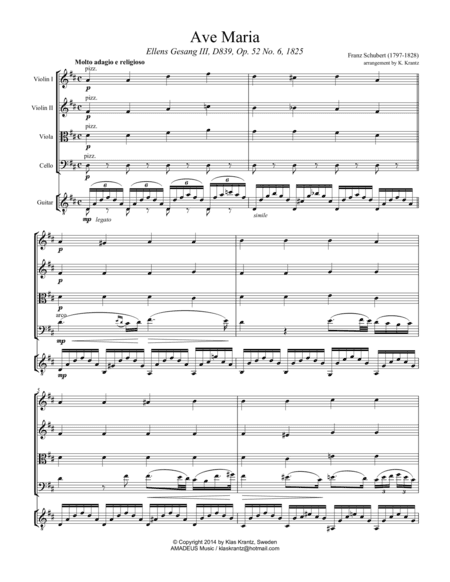 Ave Maria (Schubert) by for string quartet and guitar (D major) (arr. K. Krantz)