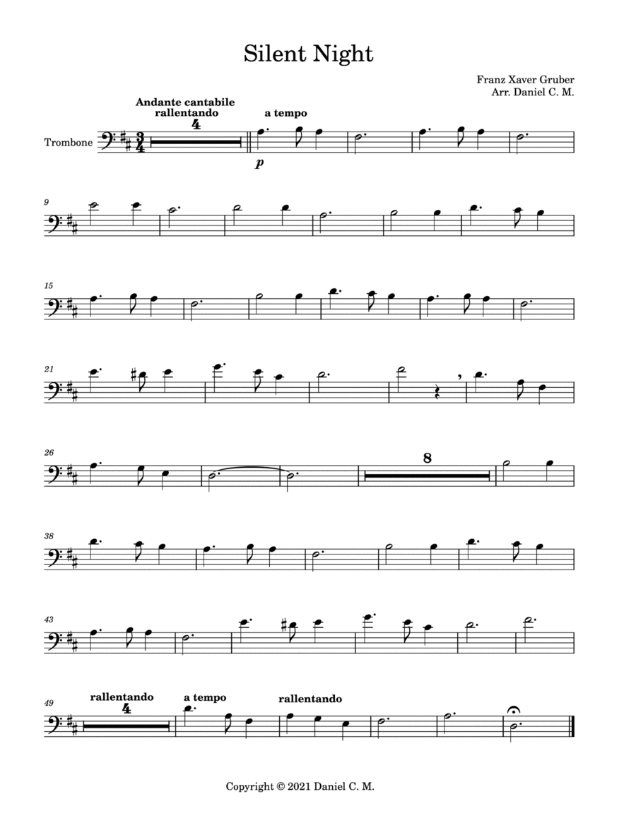 Silent Night for trombone and piano (easy) (arr. Daniel C. M.)