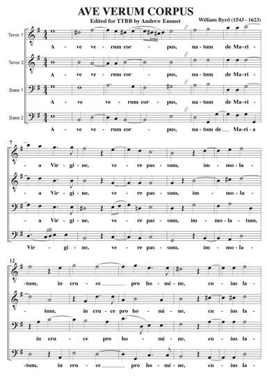 Ave Verum Corpus (Byrd) A Cappella TTBB (arr. Andrew Emmet)