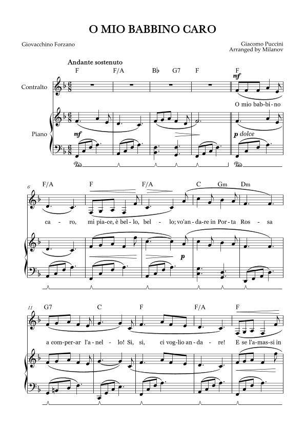 O Mio Babbino Caro | Female Voice Contralto | F Major | Piano accompaniment | Pedal | Chords (arr. Milanov)