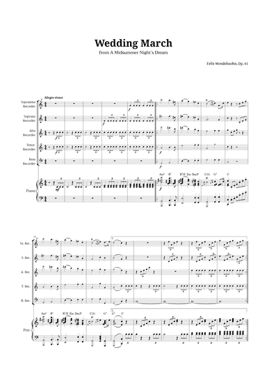 Wedding March by Mendelssohn for Recorder Quintet and Piano with Chords (arr. Langanho)
