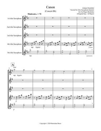 Canon (Pachelbel) (Bb) (Alto Saxophone Quintet) (arr. Regis Bookshar)