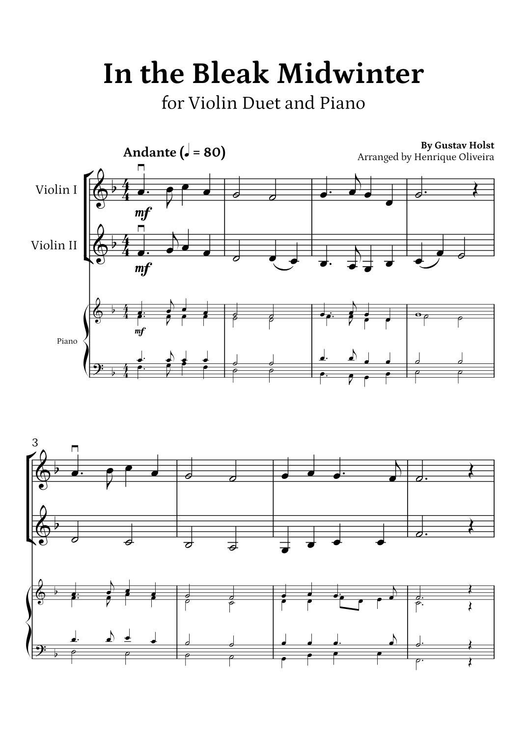 In the Bleak Midwinter (Violin Duet and Piano) - Beginner Level (arr. Henrique Oliveira)