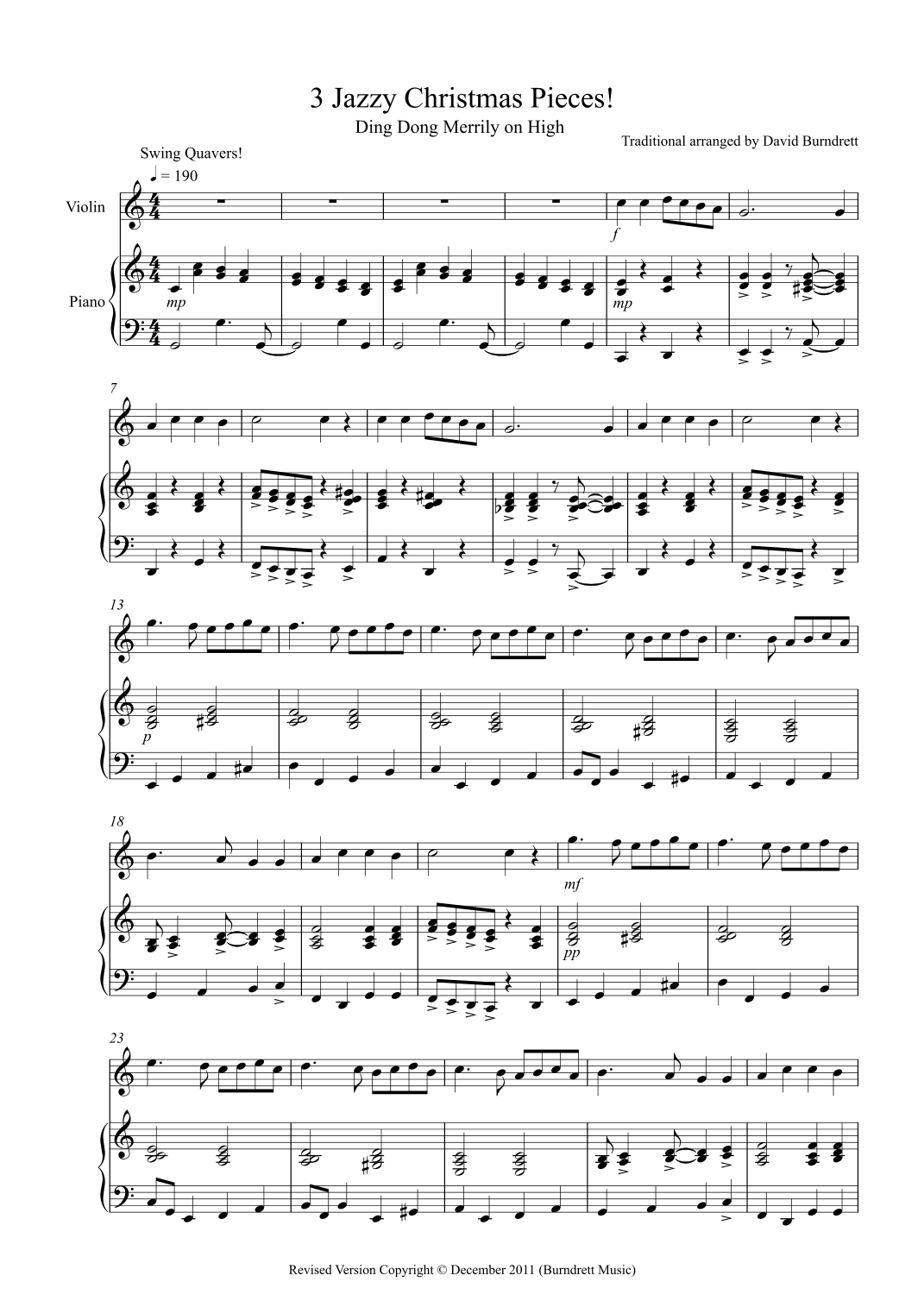 3 Jazzy Christmas Pieces for Violin and Piano (arr. David Burndrett)