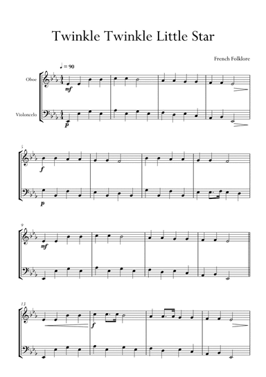 Twinkle Twinkle Little Star in Eb Major for Oboe and Cello (Violoncello) Duo. Easy. (arr. Matheus Araújo)