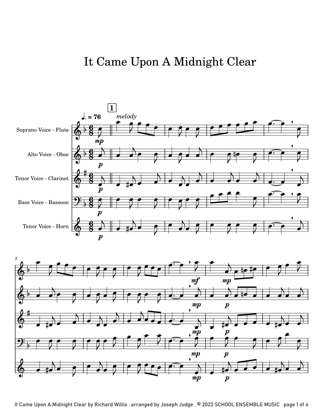 It Came Upon A Midnight Clear for Woodwind Quartet in Schools (arr. Joseph Judge)