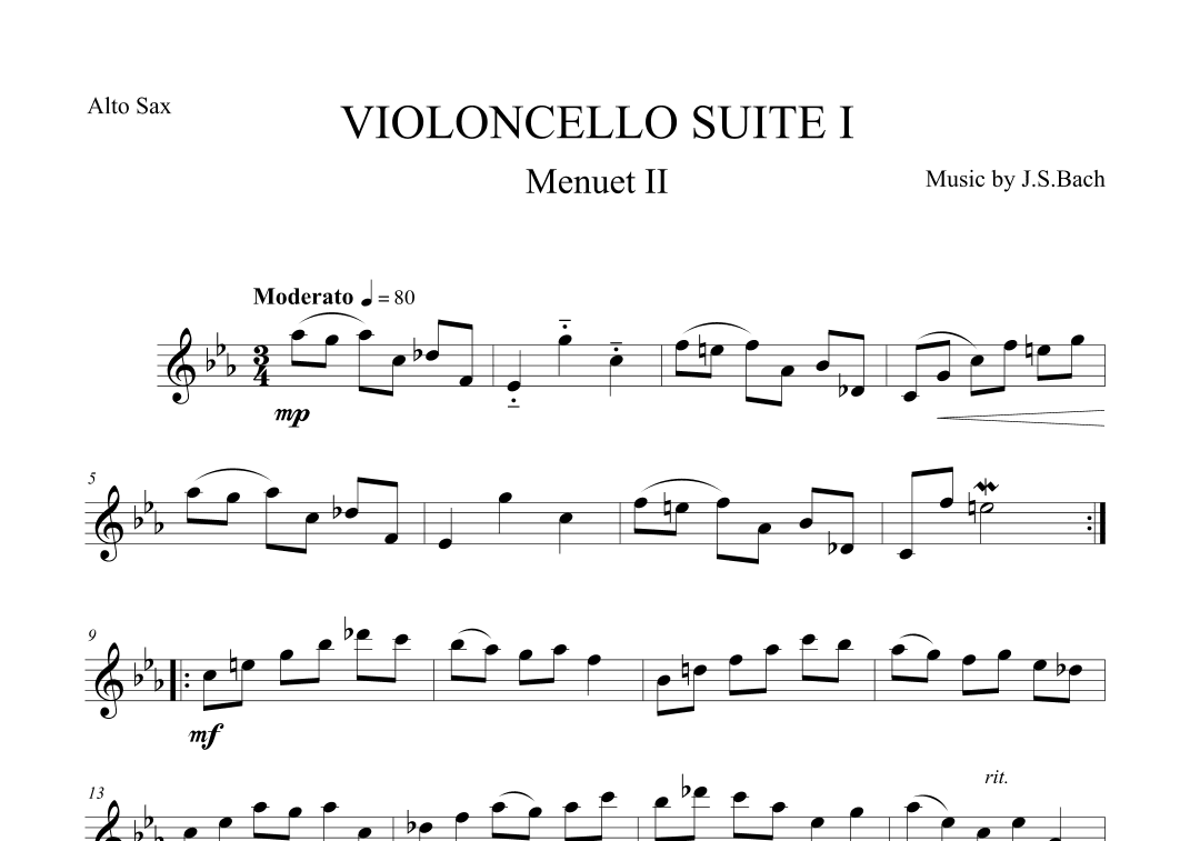Menuet II from Violoncello Suite I by J.S.Bach for Alto Saxophone (arr. The Sheet Music Library)