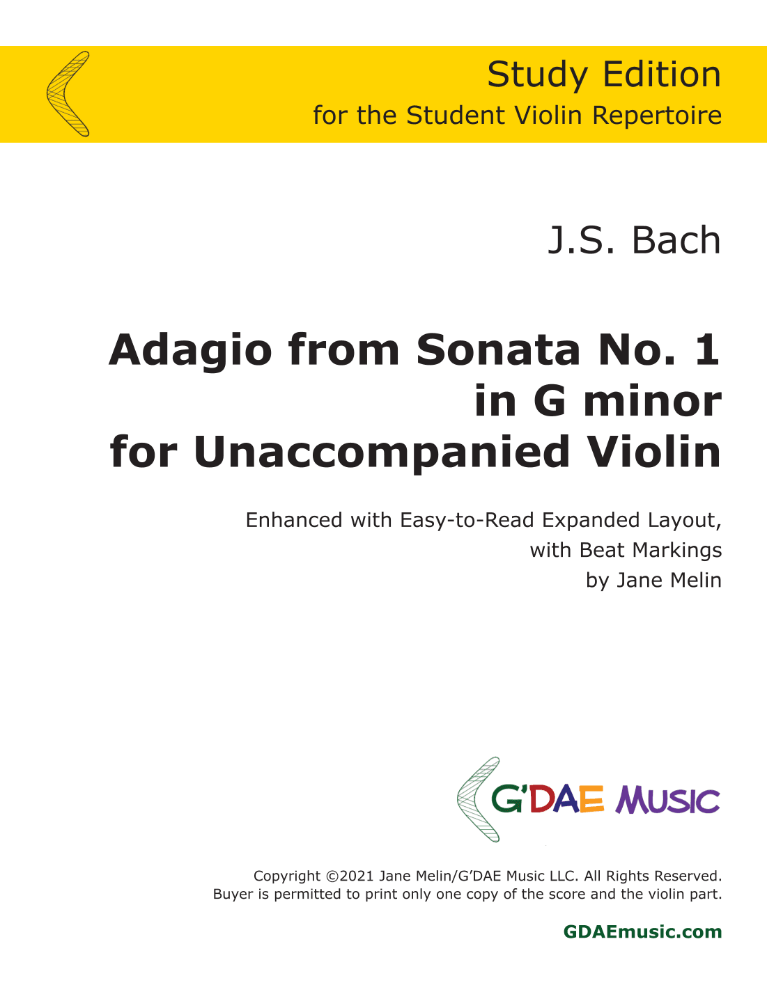 Bach - Study Edition of Violin Sonata No. 1 Adagio (arr. Jane Melin)