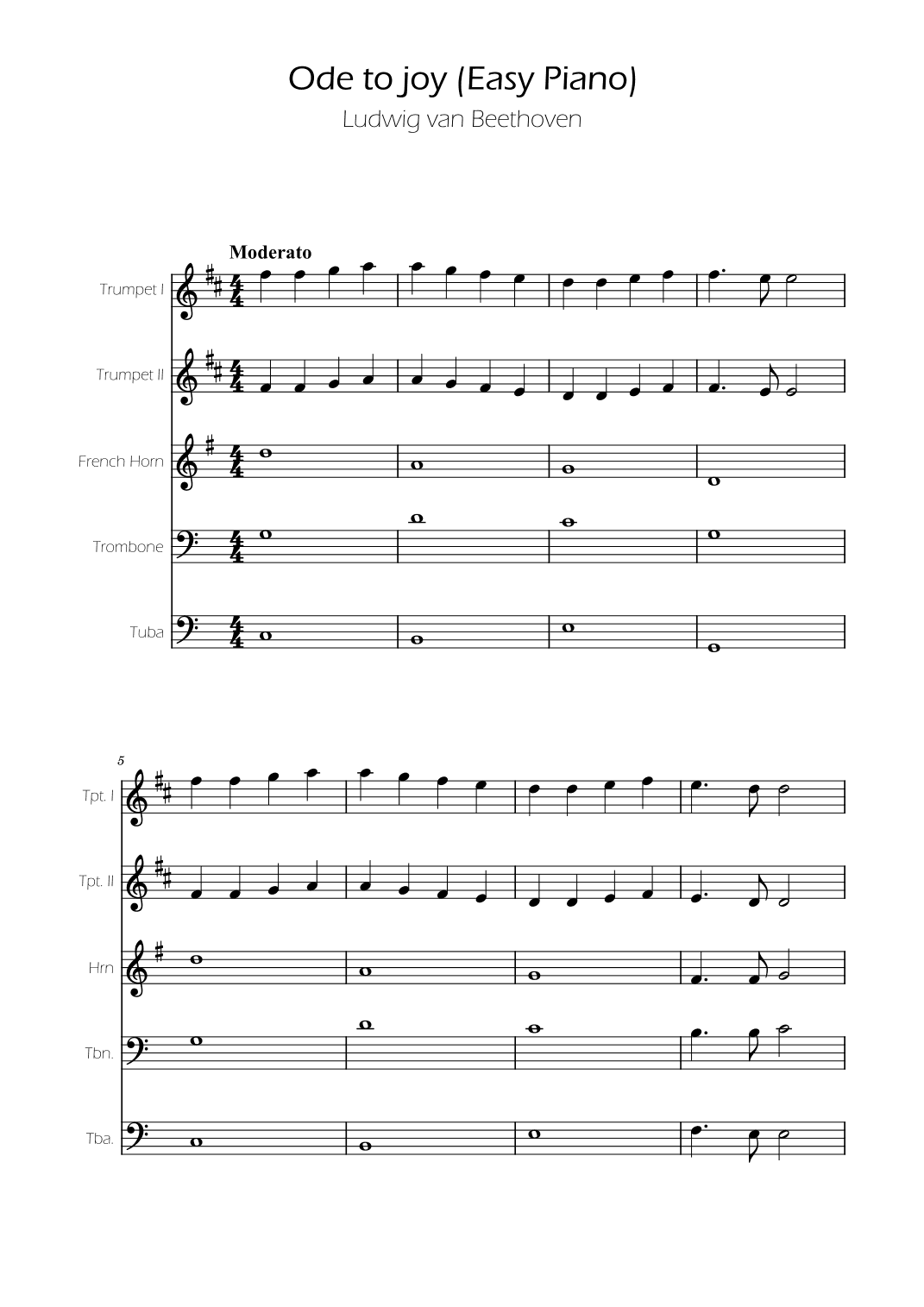 Ode To Joy - Easy Brass Quintet w/ piano accompaniment (arr. Ygor Nunes)