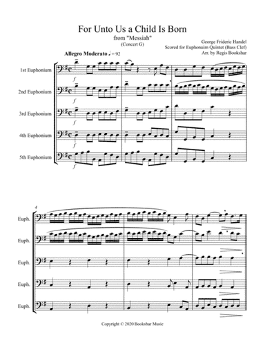 For Unto Us a Child is Born (from "Messiah") (G) (Euphonium Quintet - Bass Clef) (arr. Regis Bookshar)