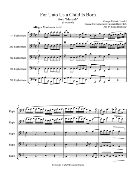 For Unto Us a Child is Born (from "Messiah") (G) (Euphonium Quintet - Bass Clef) (arr. Regis Bookshar)