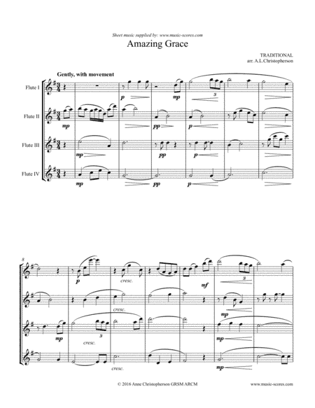 Amazing Grace - Flute Quartet - Higher Intermediate (arr. Anne L Christopherson GRSM ARCM)
