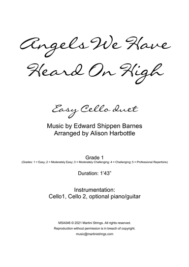 Angels We Have Heard On High - easy cello duet (arr. Alison Harbottle)