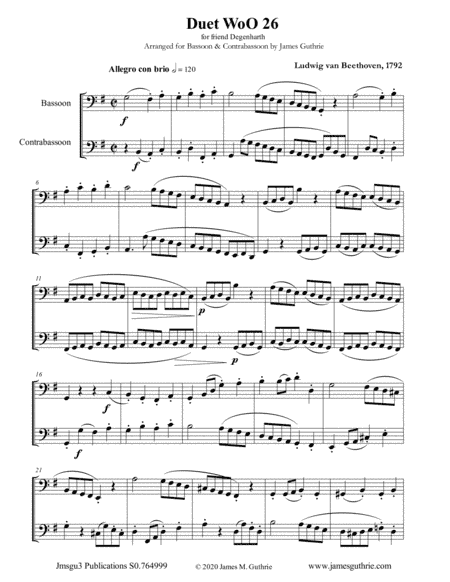 Beethoven: Duet WoO 26 for Bassoon & Contrabassoon (arr. James Guthrie, ASCAP)