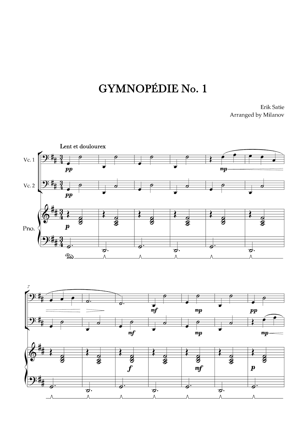 Gymnopédie no 1 | Cello Duet | Original Key| Piano accompaniment |Easy intermediate (arr. Milanov)