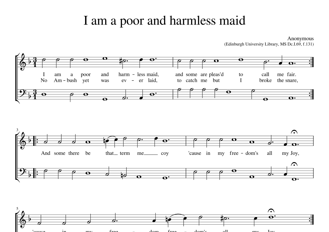 I am a poor and harmless maid (arr. Early Music Scores)