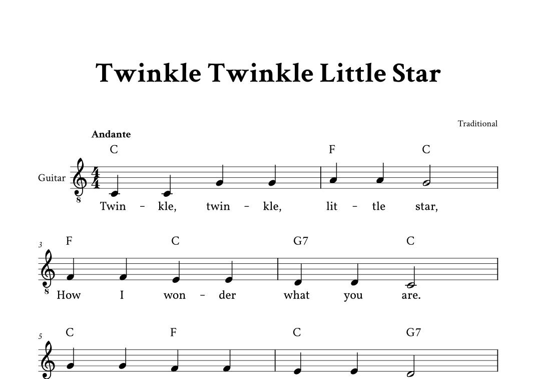 Twinkle Twinkle Little Star - (C Major - with Lyrics, Chords) (arr. Yuri Noronha)
