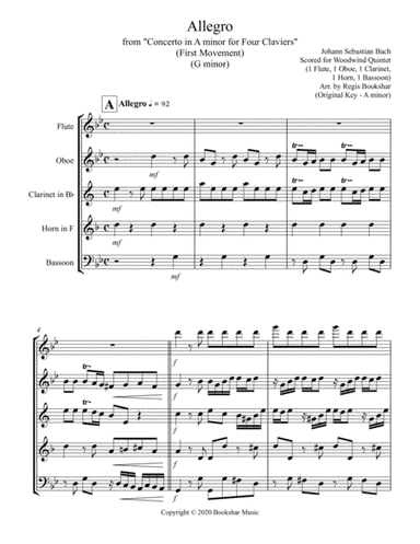 Allegro (from "Concerto for Four Claviers") (G min) (Woodwind Quintet - 1 Flute, 1 Oboe, 1 Clar, 1 H (arr. Regis Bookshar)