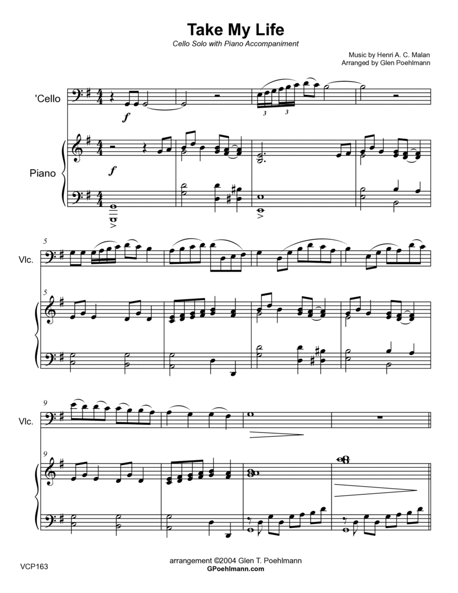 TAKE MY LIFE (and Let It Be Consecrated) - CELLO SOLO with Piano Accompaniment (arr. Glen Poehlmann)