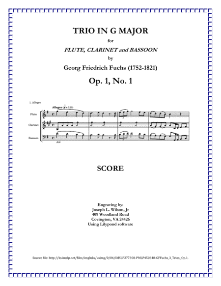 Fuchs Trio in G Major for Flute, Clarinet and Bassoon, Op. 1, No. 1 (arr. Joseph L. Wilson, Jr.)