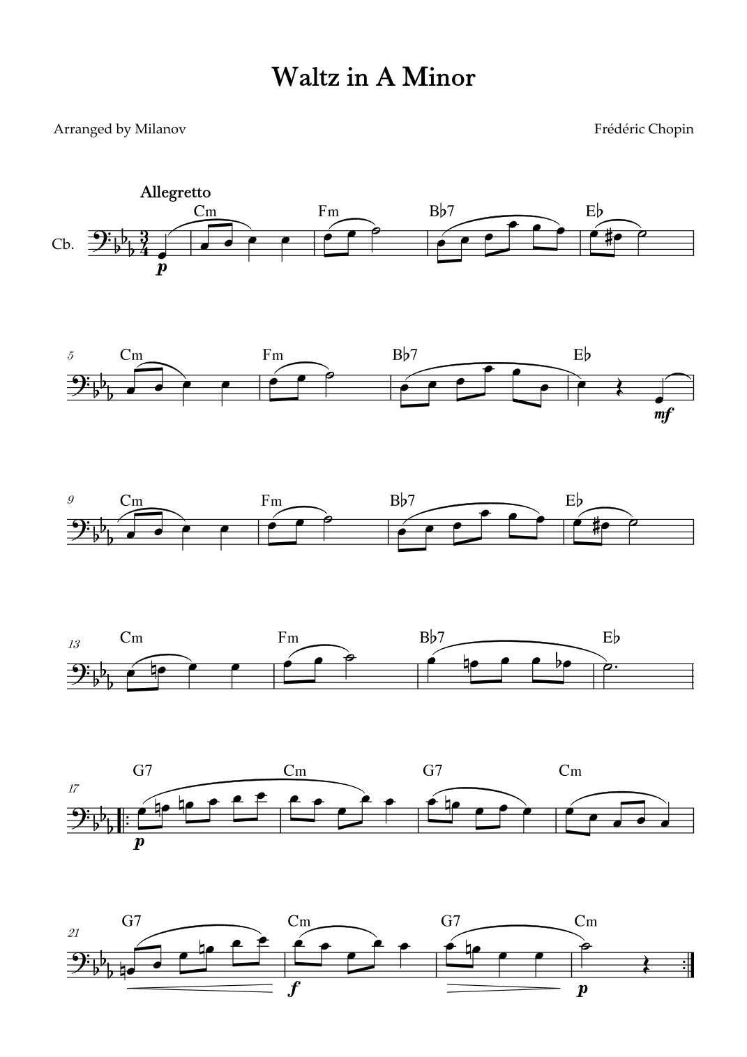 Waltz in A Minor | B. 150,  Op. Posth. | Chopin | String Bass | Chords (arr. Milanov)