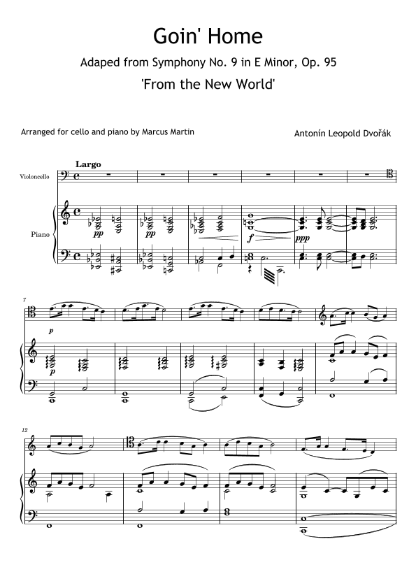 Goin' Home  (Largo from New World Symphony) for Cello and Piano in C (arr. Marcus Martin)