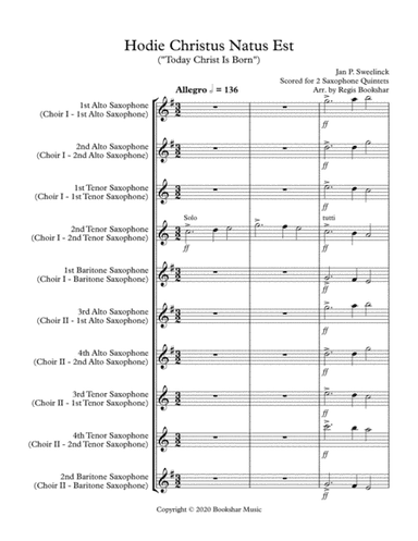 Hodie Christus Natus Est (2 Saxophone Quintets - 4 Alto, 4 Tenor, 2 Bari) (arr. Regis Bookshar)
