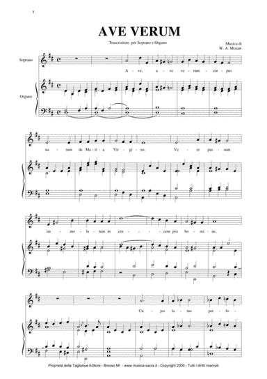 AVE VERUM - Mozart - Arr. for Soprano (or Tenor) and Organ (arr. R.Tagliabue)