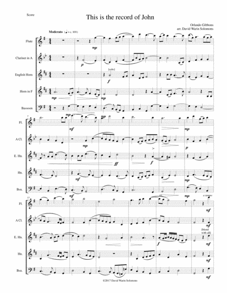 This is the record of John for wind quintet with flute, clarinet in A, cor anglais, horn and bassoon (arr. David Warin Solomons)