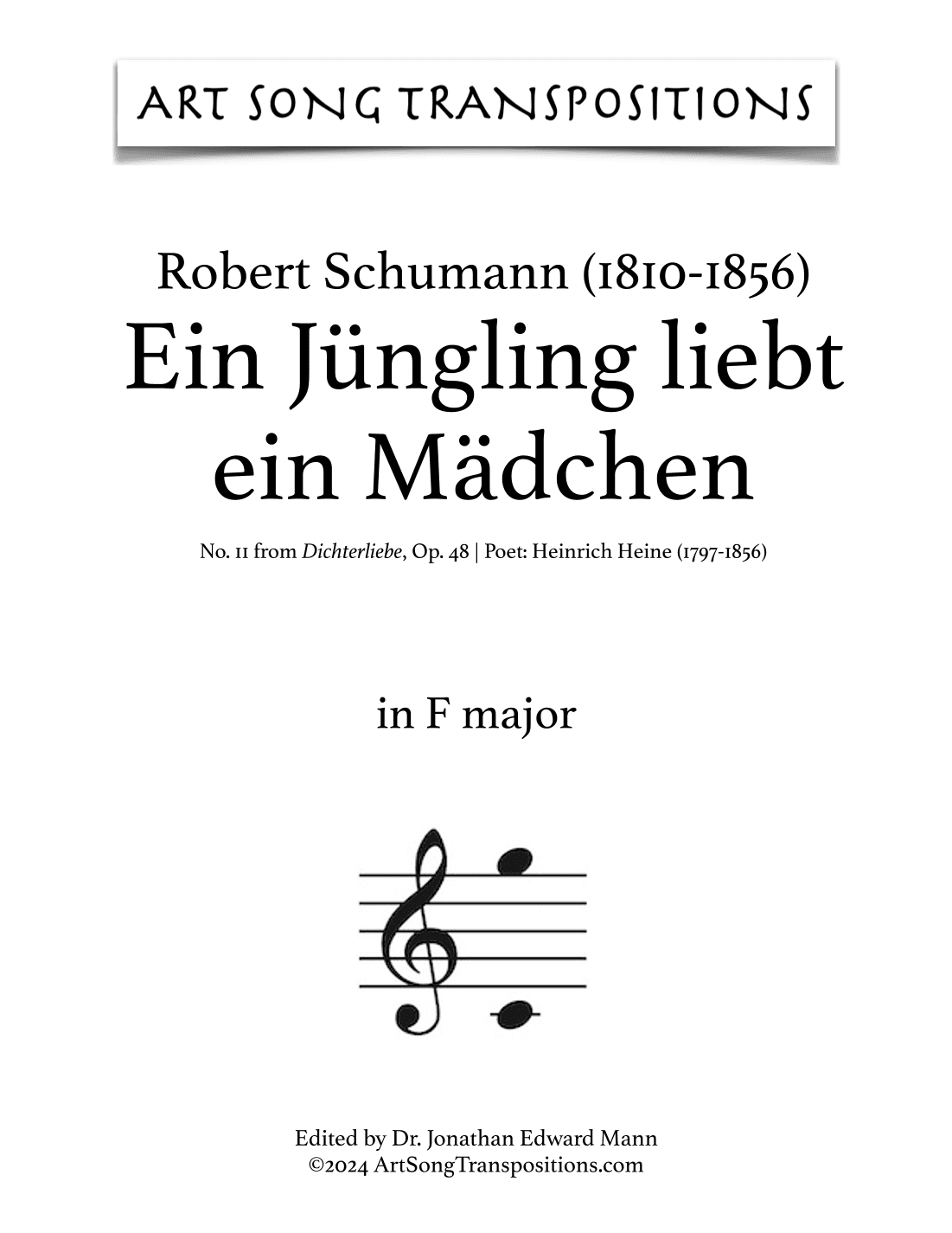 SCHUMANN: Ein Jüngling liebt ein Mädchen, Op. 48 no. 11 (transposed to F major) (arr. ArtSongTranspositions.com)