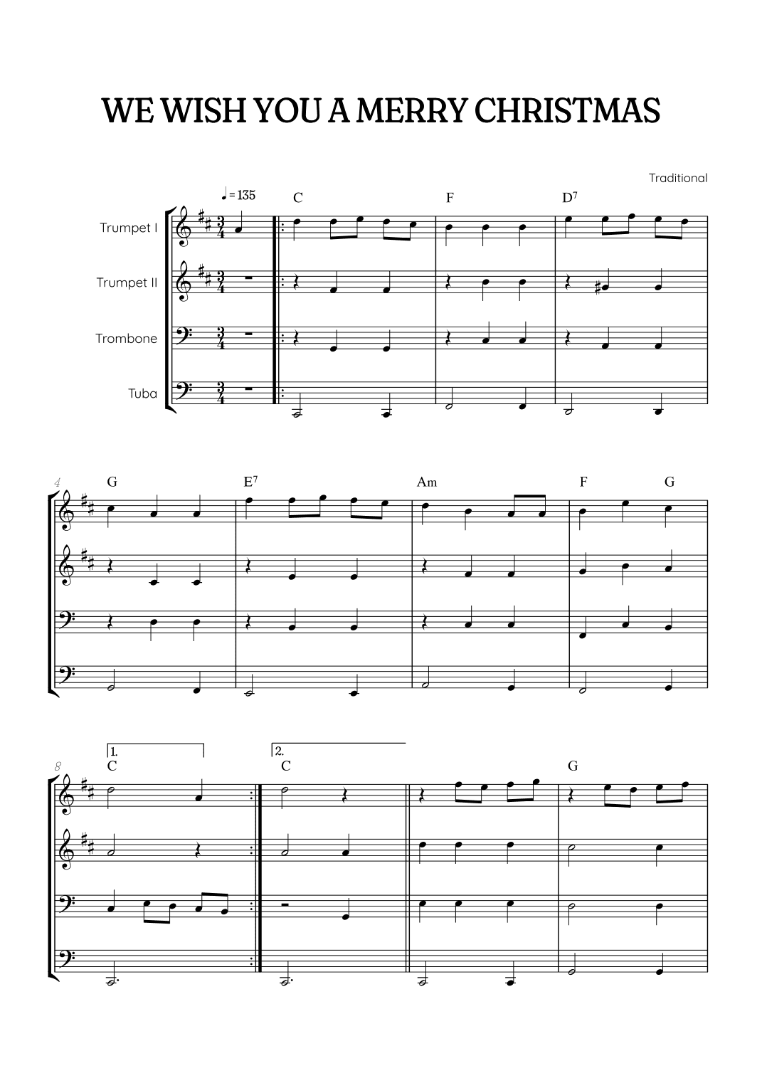 We Wish You a Merry Christmas for Brass Quartet • easy Christmas sheet music w/ chords (arr. Benzaiten Editions)