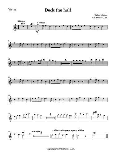 Deck the hall for violin and piano (easy) (arr. Daniel C. M.)